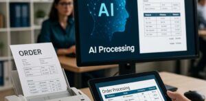 オフィスでAIがFAX注文書をデジタル台帳化し、社員がタブレットで確認しているシーン