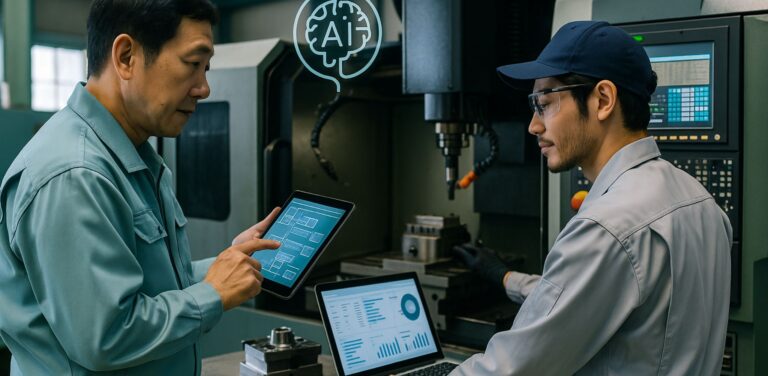 摂津市の町工場でAIやタブレットを使って補助金を活用しDXを進める情景