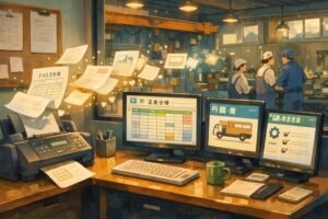 製造業の事務所で、FAX注文書が自動で受注台帳や製造指示に展開されていく情景