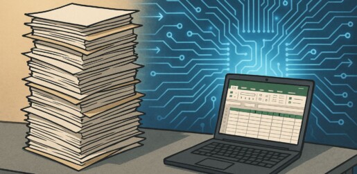 紙の書類の山とExcelを表示したノートPC、背景にデジタル回路。中小製造業のExcel管理の限界とDXの必要性を表現したイメージ