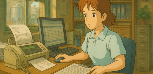 食品製造の受注現場で、FAX注文書が整理されていくイメージ